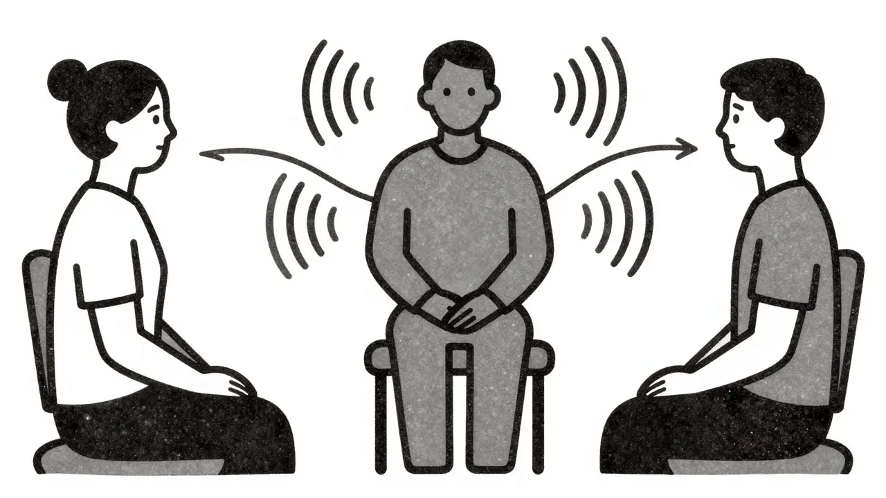 Dvojice a terapeut v stylu dřevorytu symbolizující bezpečné prostřednictví a aktivní naslouchání.