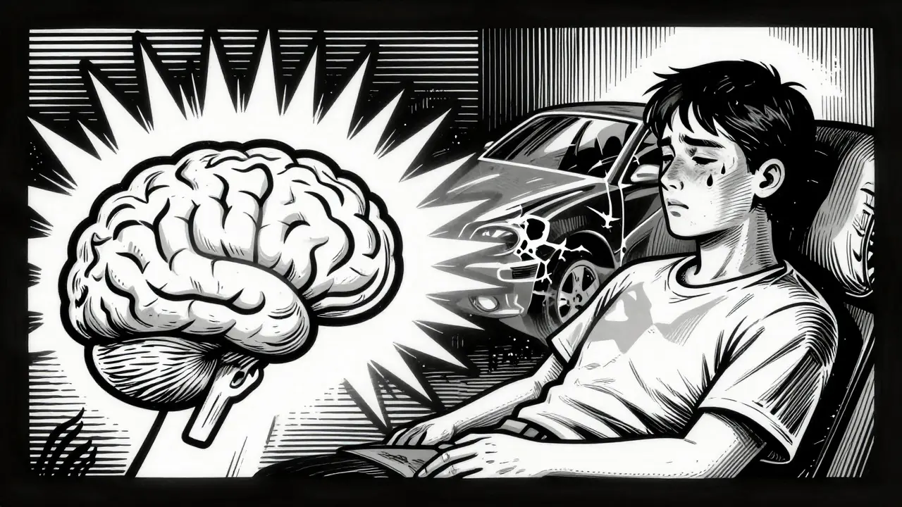 Ilustrace mozku s aktivní amygdalou a překrývající se fragmenty traumatické vzpomínky.