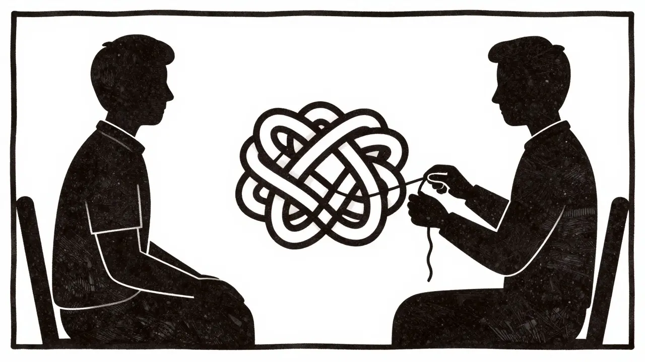 Ilustrace terapeutického procesu rozplétání uzlů myšlenek v stylu dřevorytu.