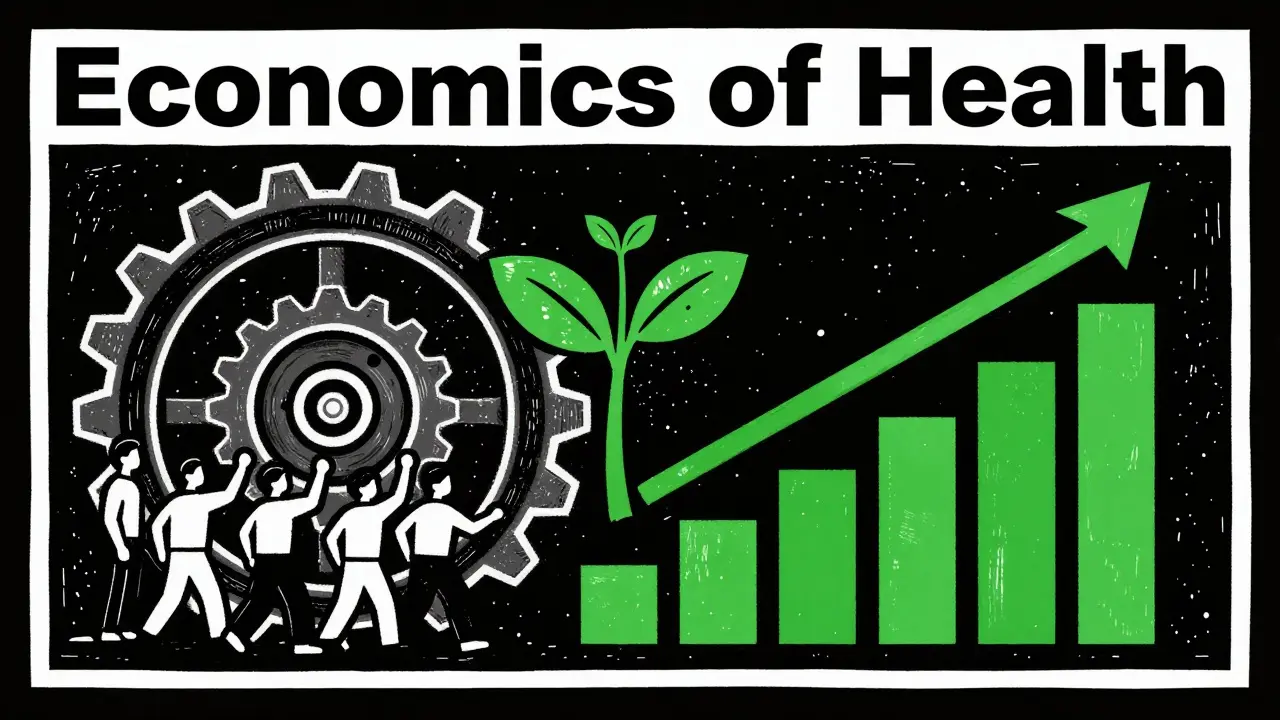 Ilustrace v stylu dřevorytu spojující pracovní produktivitu s růstem a zdravím.