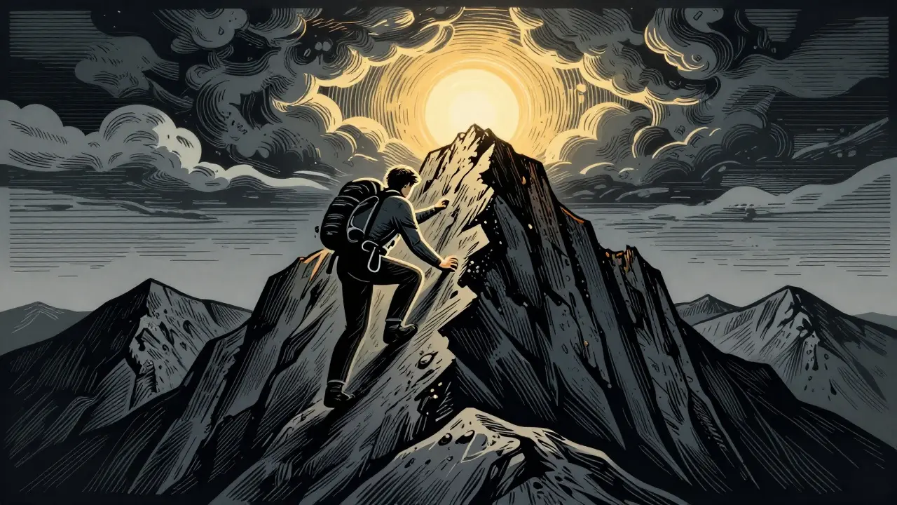 Ilustrace v stylu dřevorytu znázornující výstup na horu jako symbol cesty k léčbě.