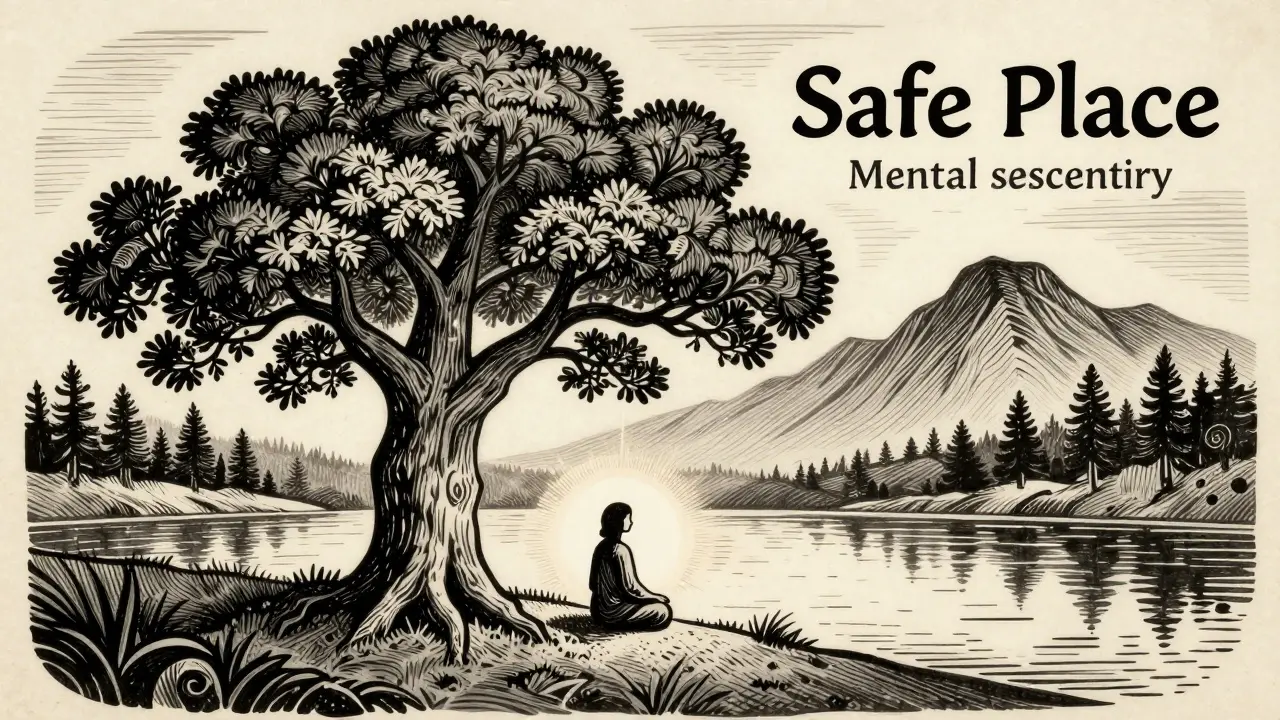 Klidná krajina představující bezpečné místo pro mentální útočiště.