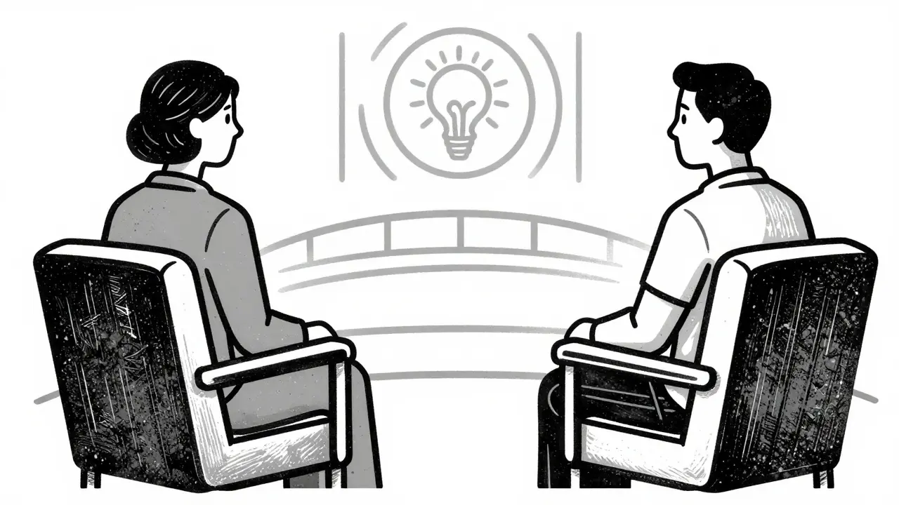 Klient a terapeut v rozhovoru v stylu dřevorytu