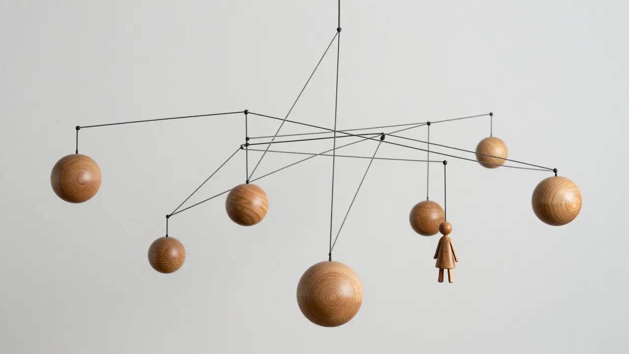 Konceptuální dřevoryt vyobrazené rodiny jako systému propojeného nitěmi.