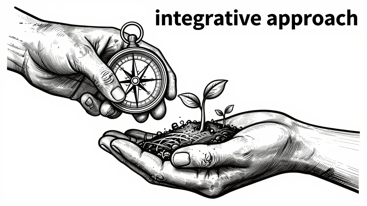 Kresba stylem dřevorytu zobrazující kombinaci konkrétních technik a empatického přijetí.