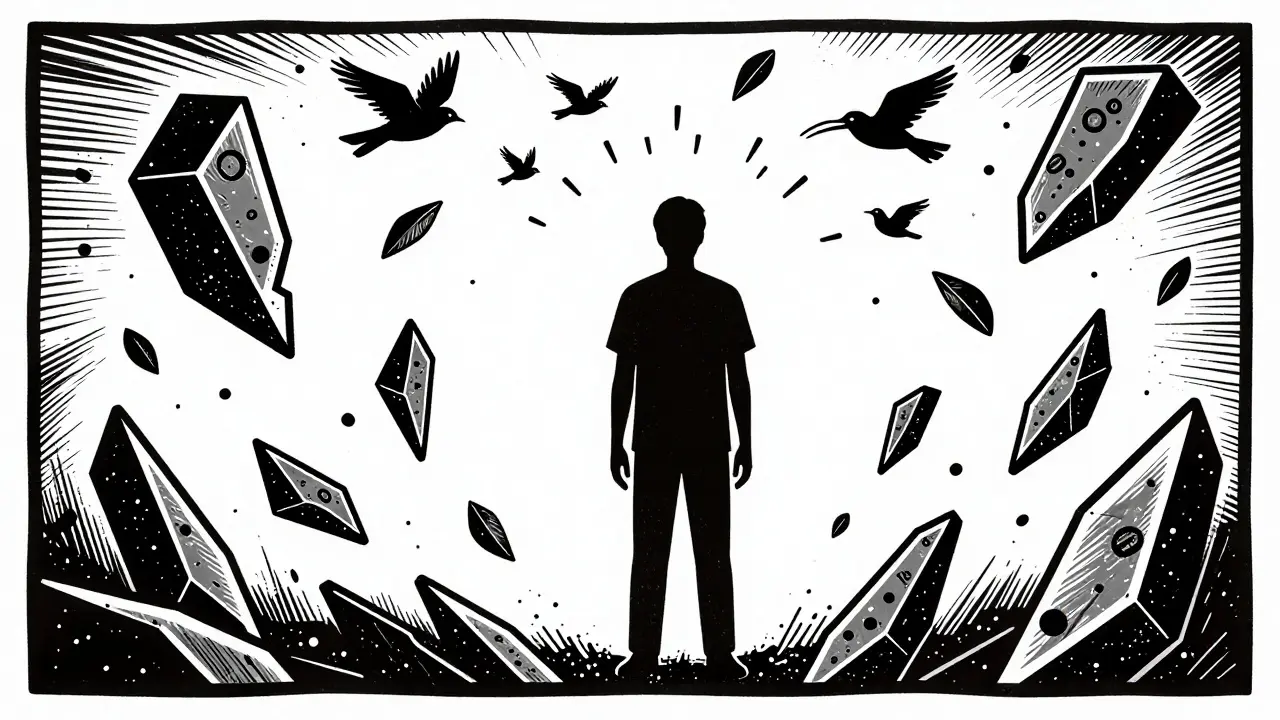 Kresba v stylu dřevorytu znázornující rozbití strachu a konfrontaci s traumatickými vzpomínkami.