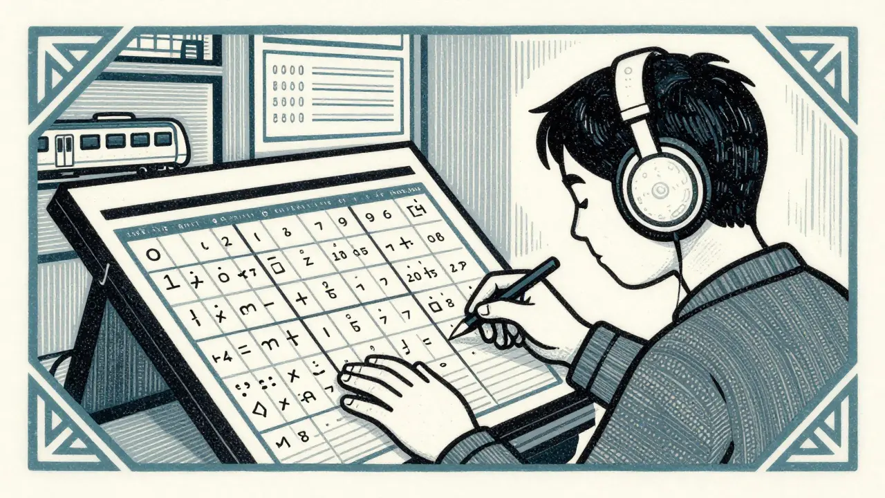 Kresba v stylu řezu znázornující osobu v tichém prostředí, která studuje jízdní řády vlaků.