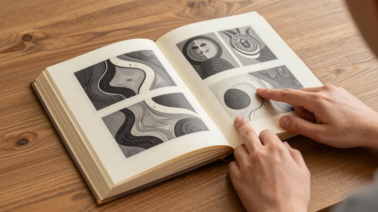 Kresba ve stylu dřevorytu znázorňující společné procházení starým albem vzpomínek.