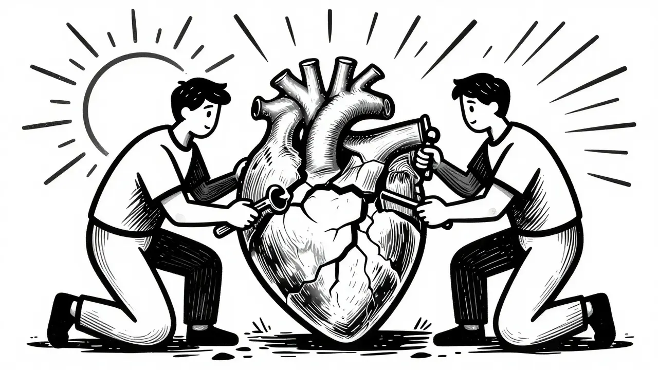 Muž a žena v stylu dřevorytu společně opravující prasknuté srdce jako symbol hledání řešení.