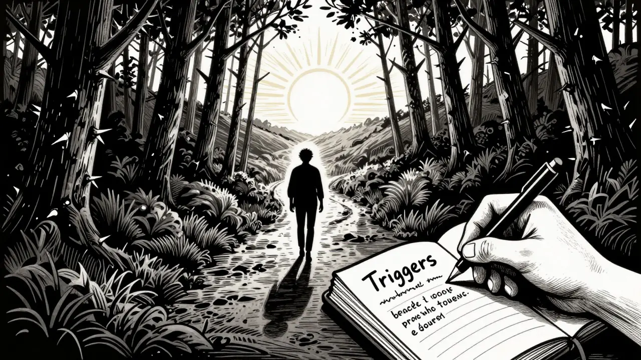 Osoba kráčející po klikaté cestě z temného lesa k jasnému obzoru a slunci.