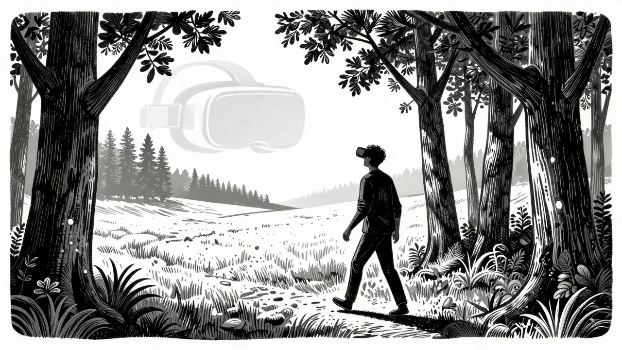 Osvobozený člověk vystupující z temného lesa do světla, symbolizující uzdravení v stylu dřevorytu.