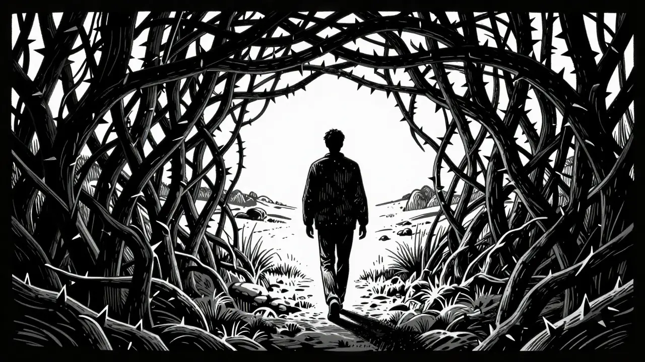 Postava opouštějící trnové křoví směrem k otevřené krajině v stylu dřevorytu.