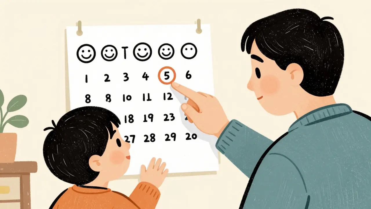 Rodič a dítě pracující s emočním kalendářem v ilustraci typu dřevoryt.