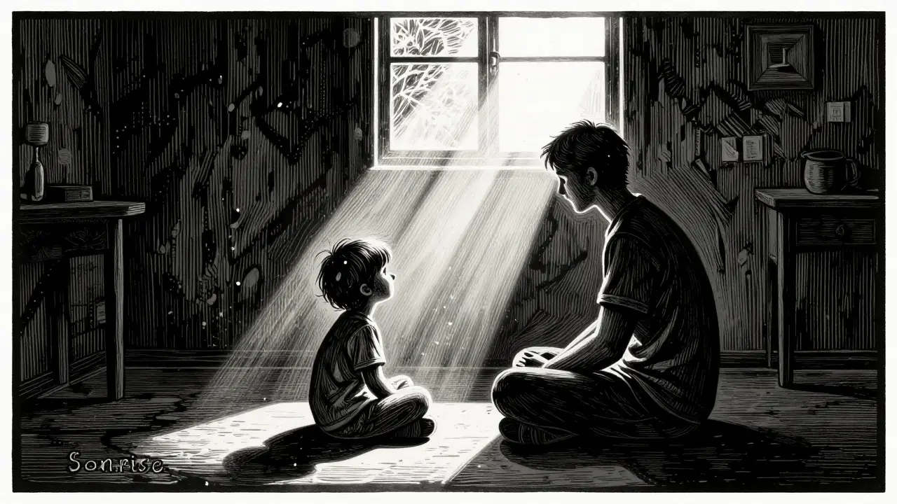 Rodič a dítě společně pozorují paprsek slunce v tmavé místnosti.