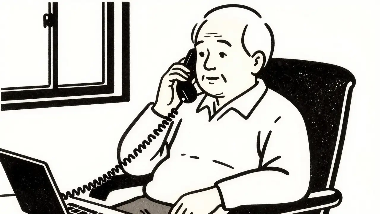 Senior v pohodu mluví do telefonu, ilustrace stylem dřevorytu.