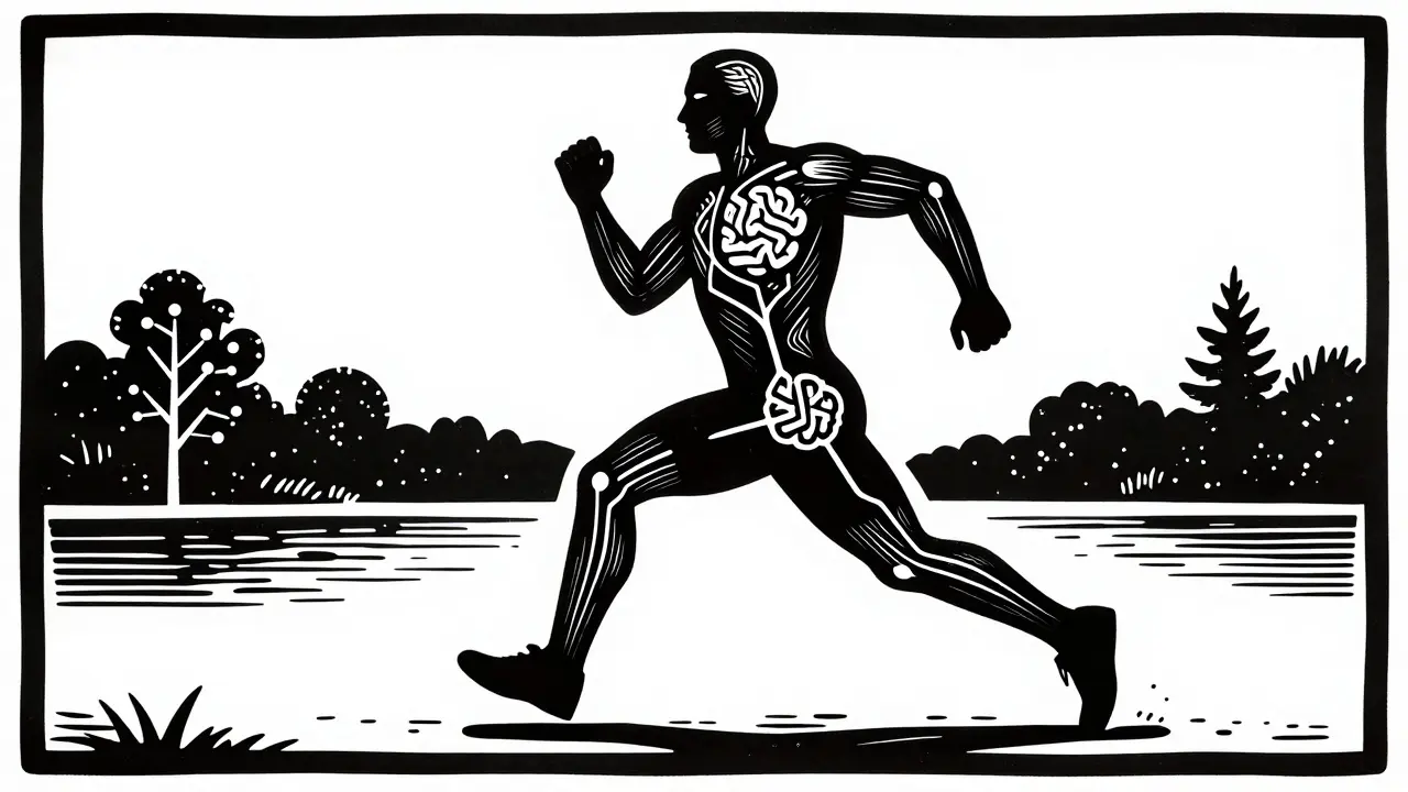 Silueta běžce s grafickým znázorněním propojení mozku a svalů.