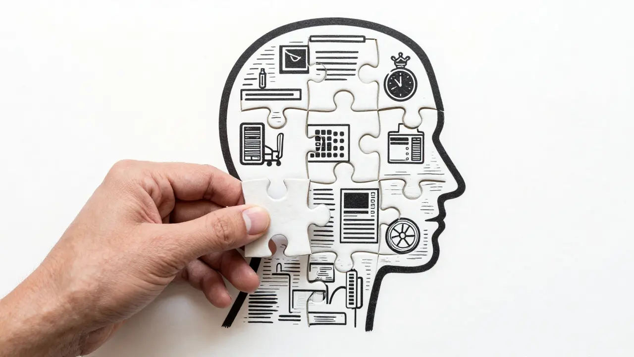 Skládání puzzle lidské hlavy jako symbol hledání správného terapeuta.