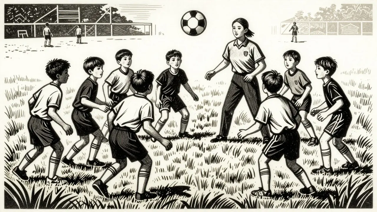 Skupina dětí hrajících týmový sport jako část terapeutického cvičení.