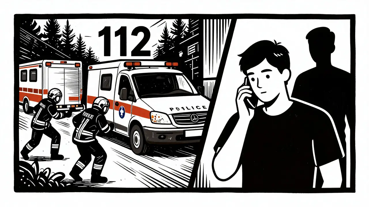 Srovnání zásahu záchranných složek a psychologické pomoci přes telefon v stylu dřevorytu.