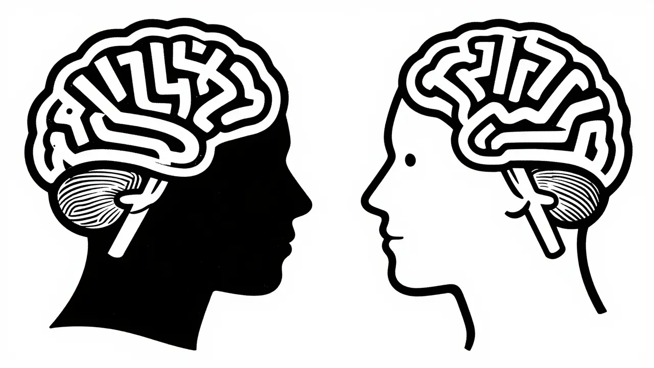 Stylizované profily dvou lidí s různými strukturami mozku jako symbol spektra.