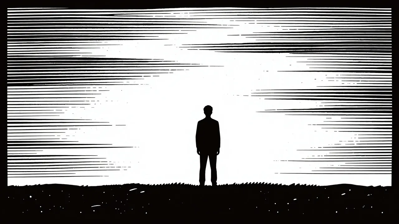 Sylueta člověka hledícího na otevřený obzor v minimalistickém stylu dřerezu.