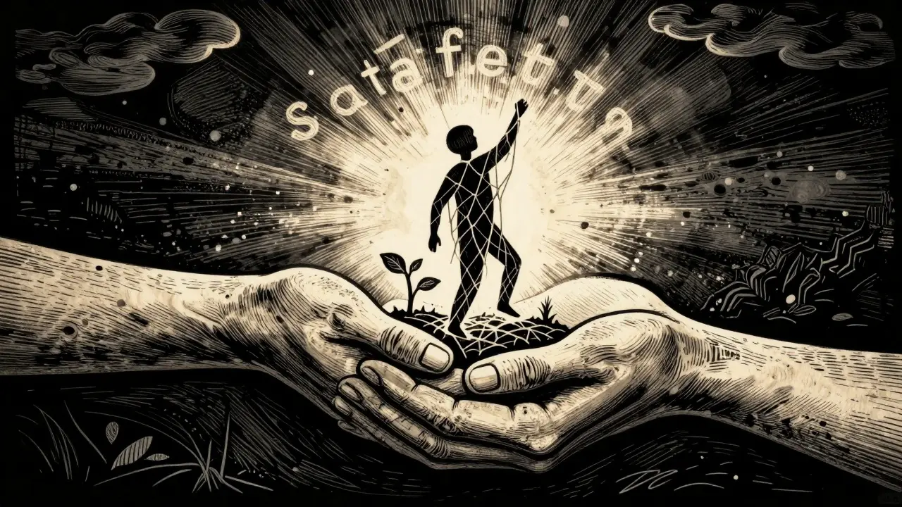 Symbolická ilustrace v stylu řezbovky znázornující podporu a cestu k uzdravení.