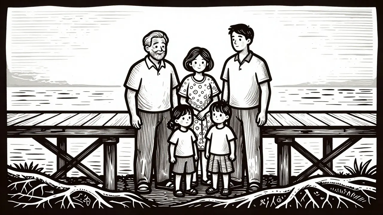 Troje generace rodiny v stylu dřevorytu symbolizující podporu a odolnost.