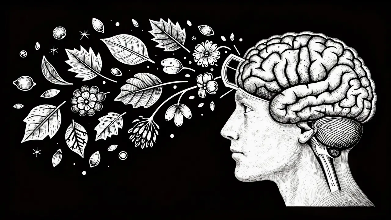 Woodcut ilustrace lidského mozku, ze kterého vyvazují extrémně detailní rostlinné tvary.