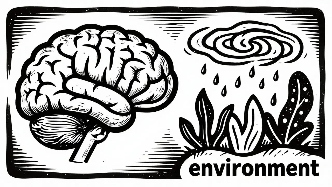 Woodcut ilustrace propojující lidský mozek s environmentálními vlivy.