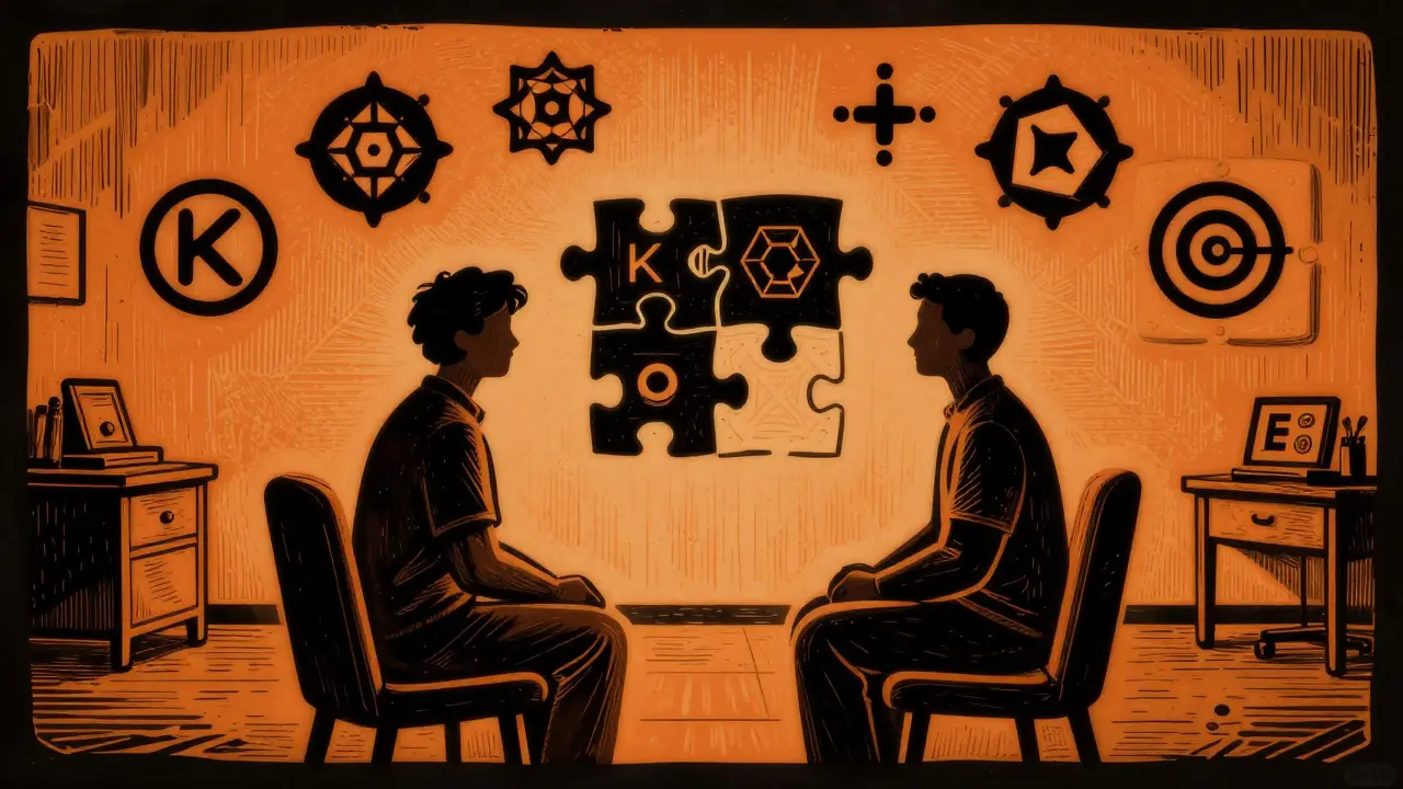 Woodcut ilustrace terapie jako procesu skládání vnitřního světa do celku.