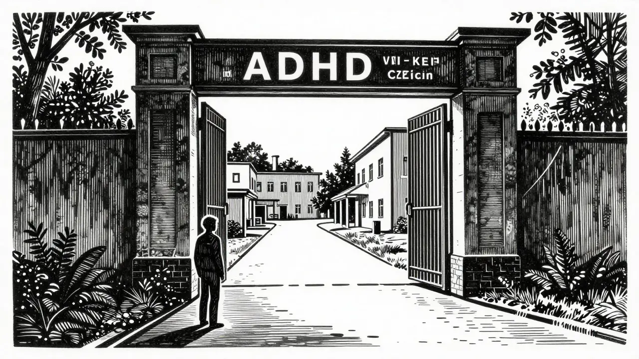 Dřevoryt znázorňující bariéry a budoucnost léčby ADHD