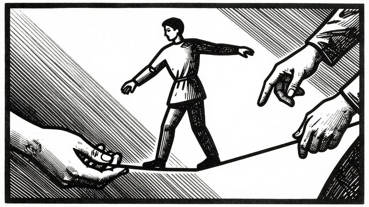 Dřevoryt zobrazující rovnováhu mezi podporou a konfrontací v terapii.