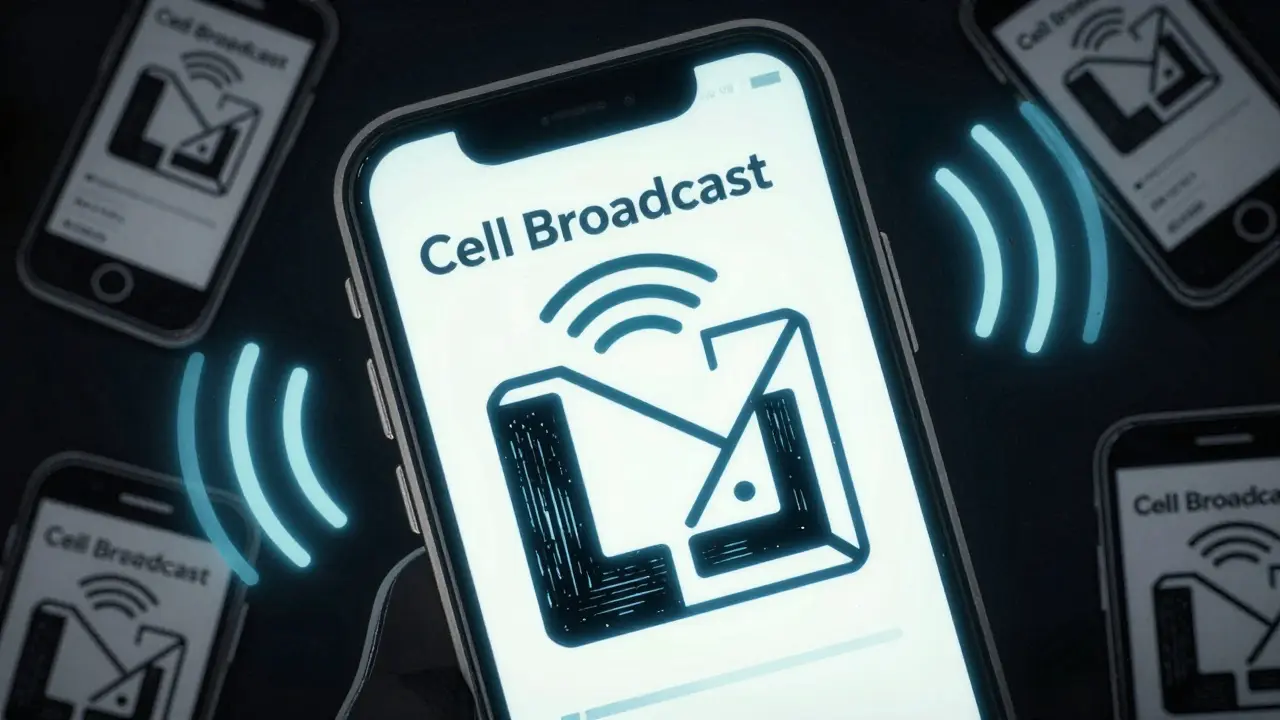 Ilustrace dřevorytem mobilního telefonu přijímajícího varování Cell Broadcast.