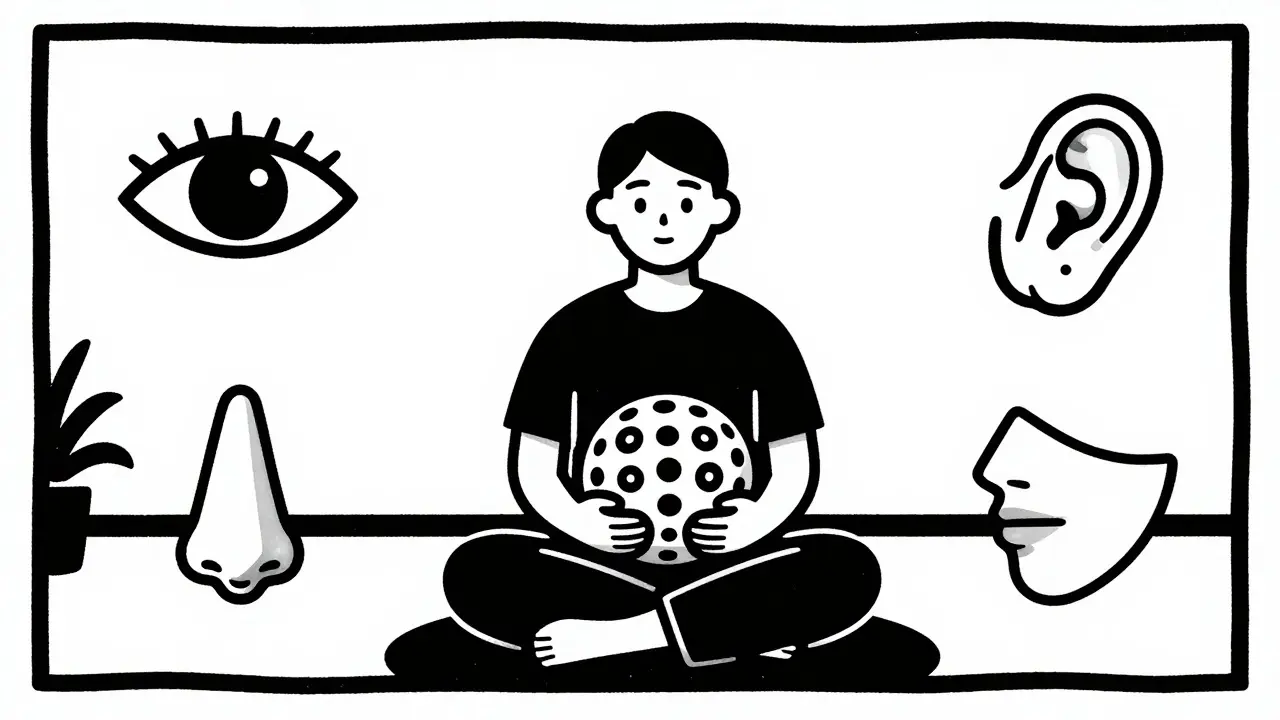 Ilustrace dřevorytem s osobou používající hmatovou pomůcku a vizuální podněty.