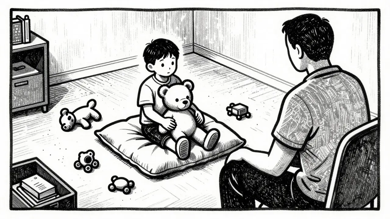Ilustrace v dřevorytu: Hrátková terapie s dítětem a přechodovým objektem