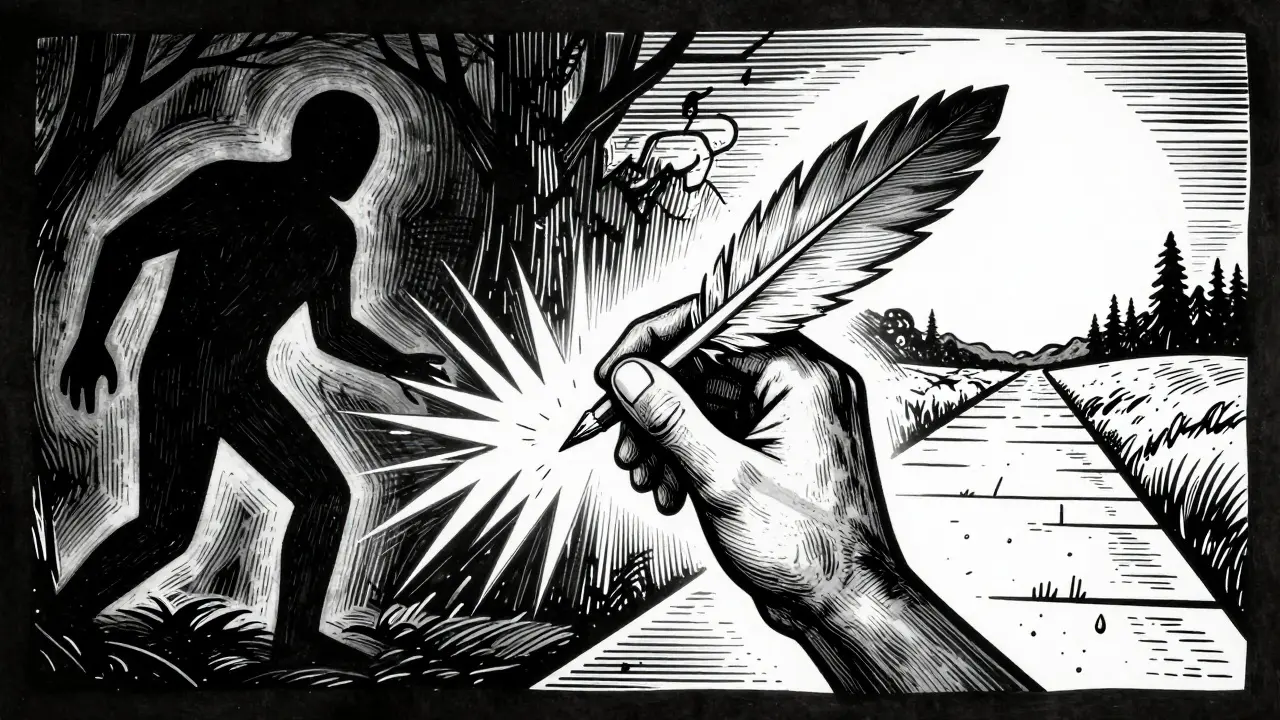 Ilustrace v stylu dřevorytu ukazující přepis scénáře snu při terapii IRT.
