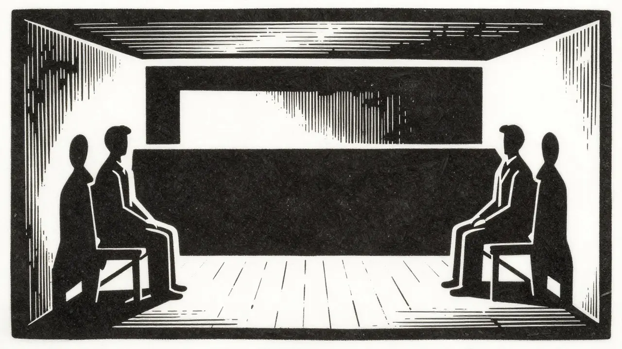 Ilustrace v stylu dřevorytu znázorňující důvěrnost a absenci soudnosti.