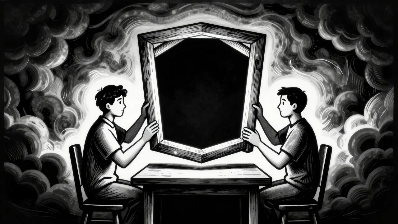 Ilustrace ve stylu dřevorytu ukazující terapeutickou relaci, kde pevný rámec chrání pacienta před vnějším chaosem.