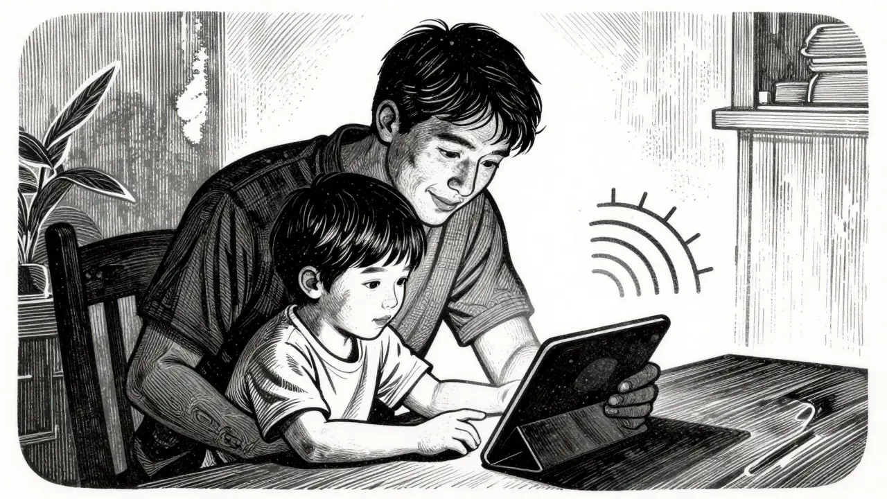Rodiče a dítě používající tablet pro komunikaci