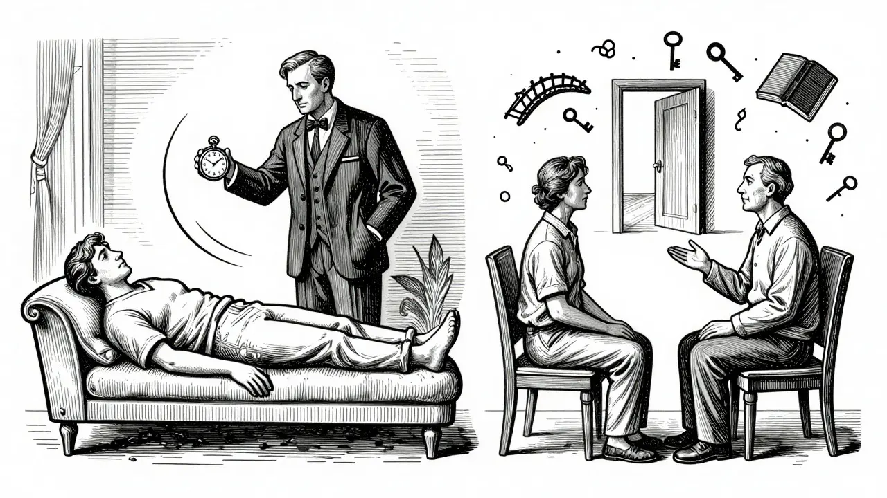 Srovnání klasické a ericksonovské hypnózy v dřevorytu