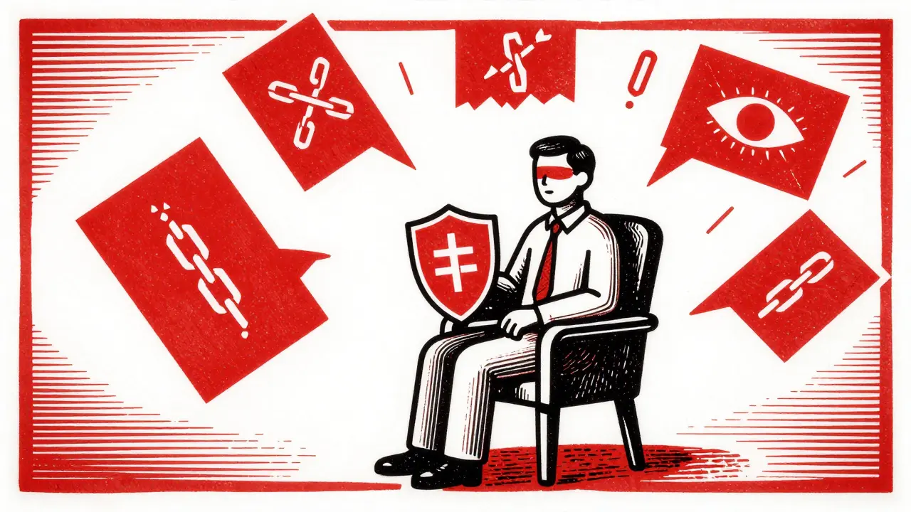 Terapeut obklopený symboly varování před riziky