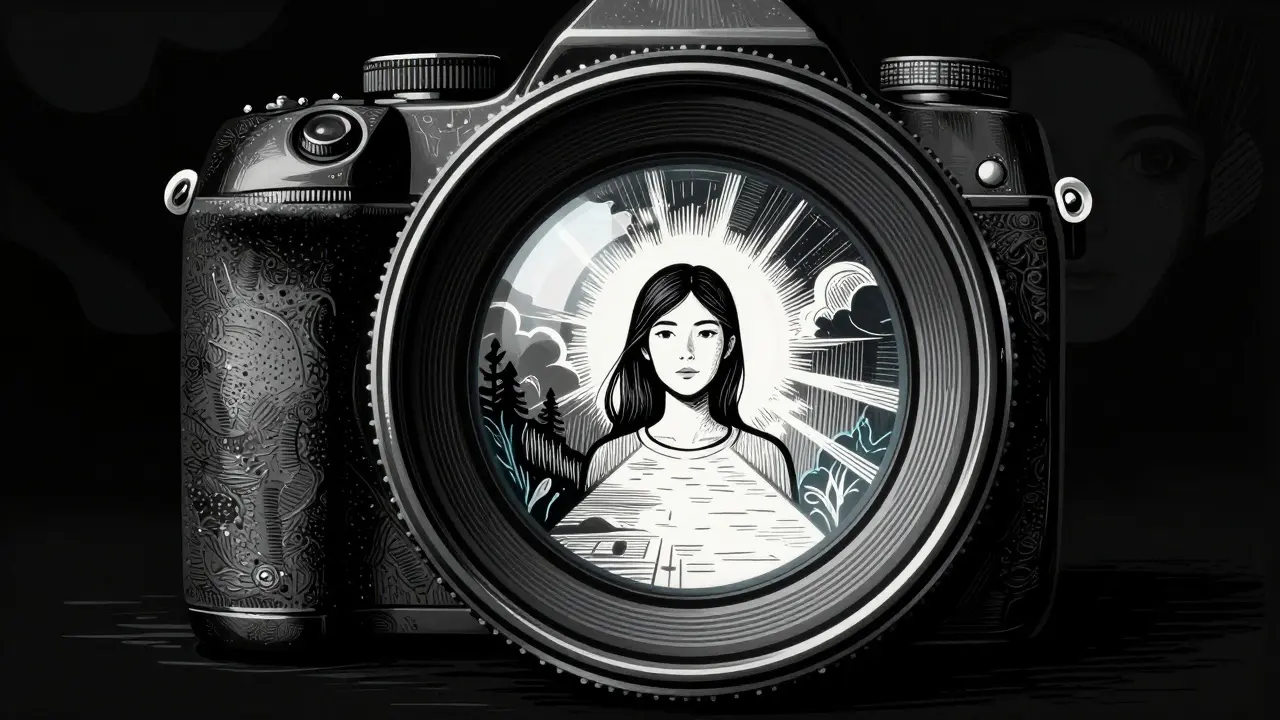 Žena za fotoaparátem jako metafora bezpečí při terapii traumatu