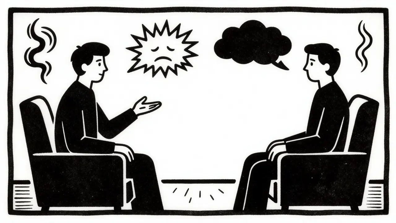 Dřevoryt dvou lidí v dialogu s abstraktními symboly emocí mezi nimi