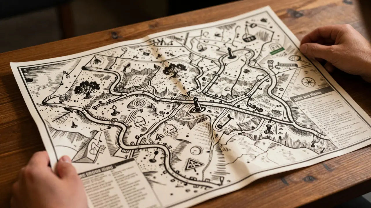 Dřevoryt: Mapa krizového plánu s cestami přežití