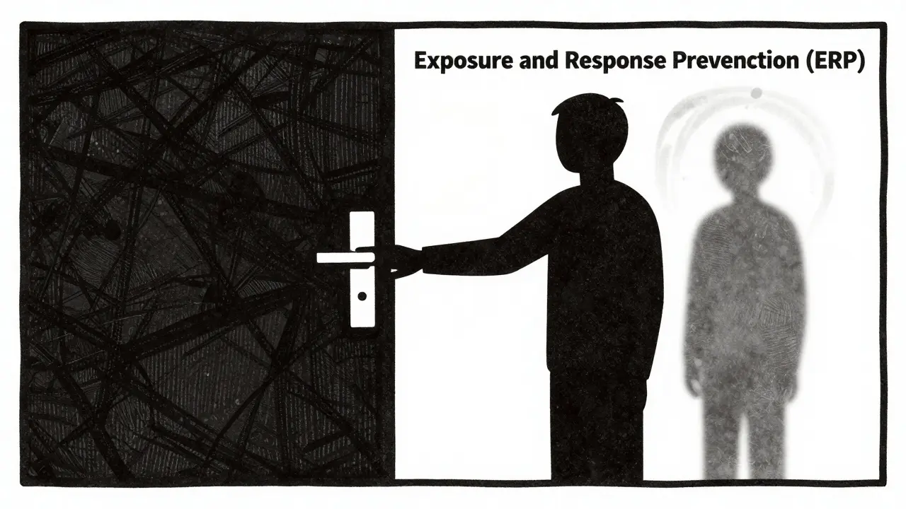 Dřevoryt ukazující terapii expozice a prevenci reakce při léčbě OCD.