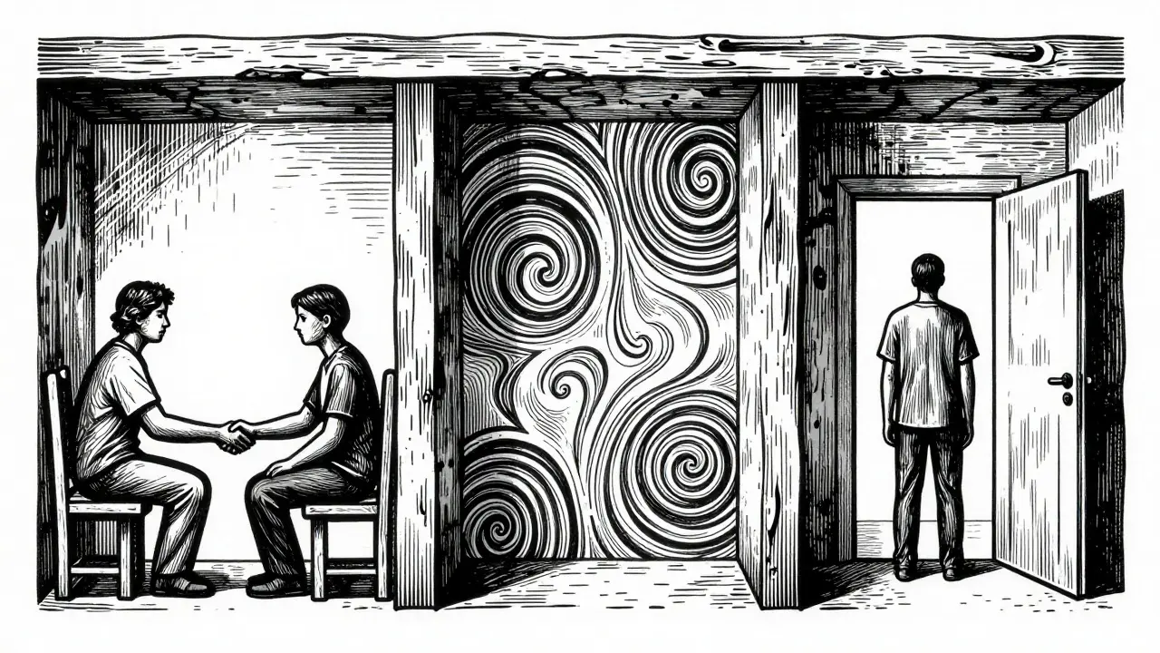 Dřevoryt znázorňující fáze terapeutického sezení