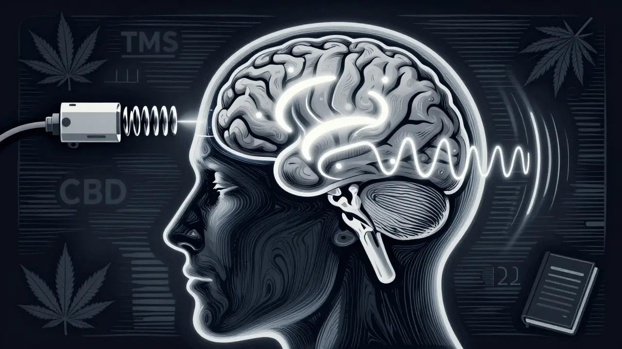 Dřevoryt zobrazující mozek stimulovaný magnetickou terapií TMS.