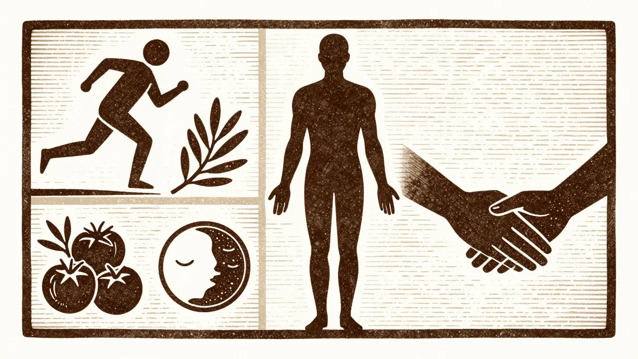Ilustrace dřevorytem ukazující pilíře zdraví: pohyb, stravu a spánek.