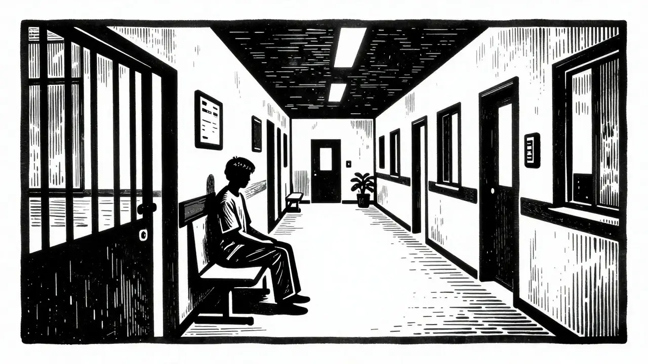 Ilustrace dřevorytem ukazující rizika dlouhodobé hospitalizace