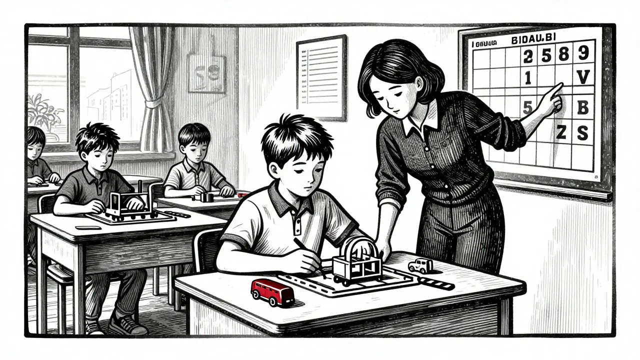 Dřevořez chlapce s autizmem v běžné třídě s asistentem pedagoga